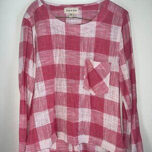 CLOTH & STONE cotton/linen/rayon buttoned back check top w/pocket/WS